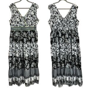 Phool Womens Floral Print Maxi Dress Tiered Sequin Sleeveless Black Blue Size 1X
